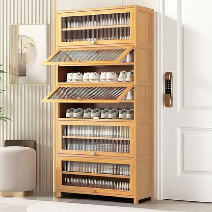 Tall Shoe Cabinet with Acrylic Doors, 10-Tier Large Capacity Bamboo Shoe Cabinet, 40-45 Pairs Freestanding Shoe Rack & Shoe Organizer for Closet Entrance, Hallway, Living Room, Bedroom