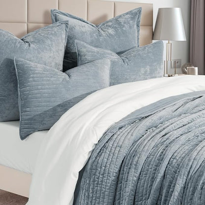 EVERGRACE Velvet Quilt Set Queen Size, Luxurious Soft Striped Channel Bedding Set, Lightweight Velvet Comforter for All Season, Oversized Bedspread Coverlet with 2 Matching Shams, Blue Linen