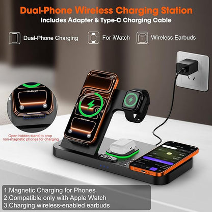 Dual Phone Magnetic Wireless Charging Station for Apple Devices/Apple Ecosystem,with Auto-Switch 7-Color Light & Clock, Compatible with iPhone 17/16/15, for iWatch 11/10/9 & AirPods Pro3（Black