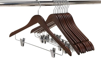 Quality Wooden Skirt Hangers with Clips Smooth Solid Wood Pants Hangers with Durable Adjustable Metal Clips, Swivel Hook, Coat, Jacket, Blouse Suit Hangers (Walnut - Chrome Hook, 20)