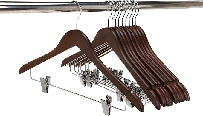 Quality Wooden Skirt Hangers with Clips 80-Pack Walnut Pants Hangers with Adjustable Chrome Metal Clips, Swivel Hook, Coat, Jacket, Blouse Suit Hangers (Walnut - Chrome Hook, 80)