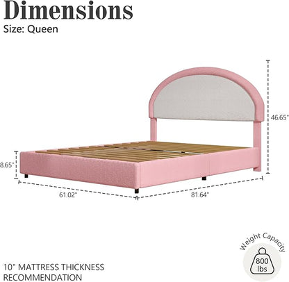 Queen Bed Frame, Boucle Upholstered Platform Bed Frame with Headboard, White Bed Frame, Soft Rounded Corners, No Box Spring Required, Easy Assembly, Pink&White