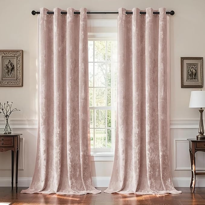 SMILETIME Pink Crushed Velvet Curtains 52x96 inch Luxurious Thermal Insulated Soundproof Drapes for Living Room Bedroom Office Soft and Durable Light-Filtering Window Treatments, 2 Panels