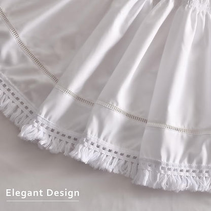 MIYE Wrap Around Ruffled Lace Bed Skirt, Elastic Dust Ruffle with Adjustable Belts, Easy to Put On, Bed Frame Cover, Machine Washable (Tassel Ruffle/White, King/Queen-15 Drop)