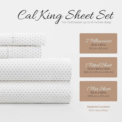 Linen Market Double-Brushed Patterned Microfiber California King Sheet Set 4 Piece – OEKO-TEX Certified Ultra Soft & Wrinkle-Free - 16" Deep Pocket Sheets Easy Care Cal-King Size - Stippled Light Gray