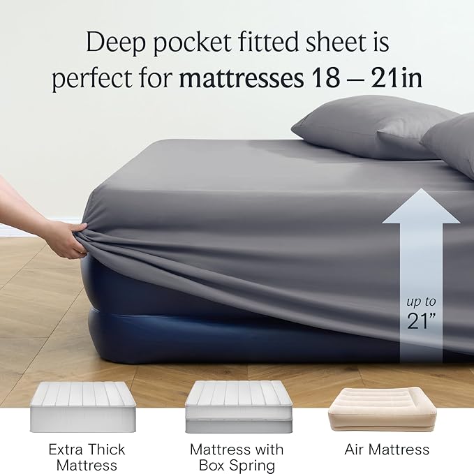 LuxClub 4 PC Extra Deep Pocket Queen Sheet Set, Wrinkle Free Cooling Bed Sheets Hotel Bedding for Women, Men, Includes 1 Fitted Sheet, 1 Flat Sheet and 2 Pillowcases- Light Grey