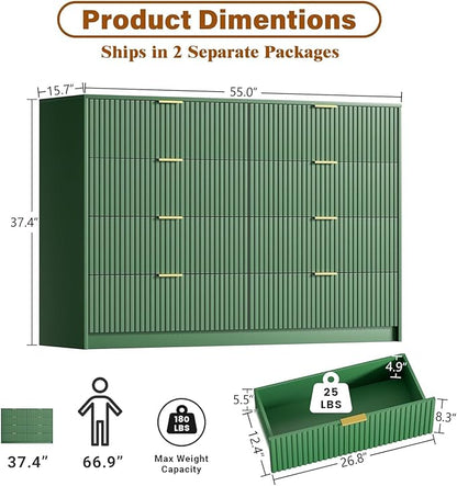 Green Dresser for Bedroom, Modern Dresser with 8 Drawers and Smooth Slides, Wide Chest of Drawers with Golden Handles for Bedroom, Closet, 15.7" D x 55" W x 37.4" H