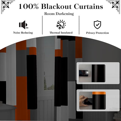 Orange 100% Blackout Curtains for Bedroom 63 inch Length 2 Panels Set Black Grey Modern Abstract Geometric Black Out Curtains Insulated Room Darkening Window Drapes for Living Room, 52Wx63L