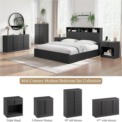 Fluted Dresser for Bedroom, 47" Wide 6 Drawer Dresser, Modern Chest of Drawers with Solid Wood Handle, Curved Profile Design, Wood Dressers Storage Organizer, Living Room, Hallway, Black