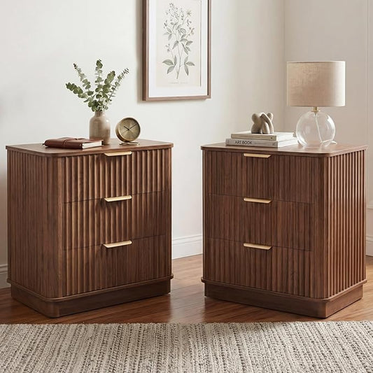 LYNCOHOME Fluted Night Stand Set of 2, Large 3 Drawer Nightand, Wood Bedside Table, Multifunctional Bed Side Table & End Table, Dresser for Bedroom, Living Room Closet, Walnut