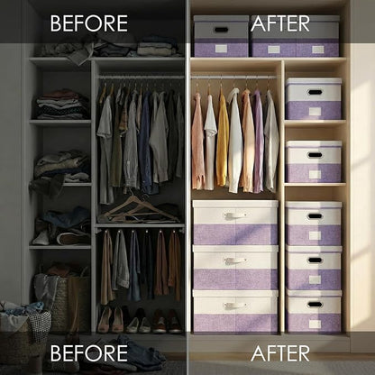 PRANDOM Collapsible Storage Bins with Lids [3-Pack] Linen Fabric Foldable Storage Boxes Organizer Containers Baskets Cubes with Cover for Bedroom Closet Nursery Purple&White (23.4X15.9X11.4)