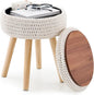 LGENHOOM Round Foot Stool Ottoman with Storage Footrest with Wood Legs Cotton Knitted Vanity Stool Tray Top Coffee Table Multifunctional Upholstered Footstool for Living Room Bedroom White