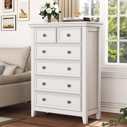 Tall Dresser for Bedroom, White 6 Drawers Dresser, Farmhouse Dresser for Bedroom，Storage Drawers Cabinet for Living Room, Home Office