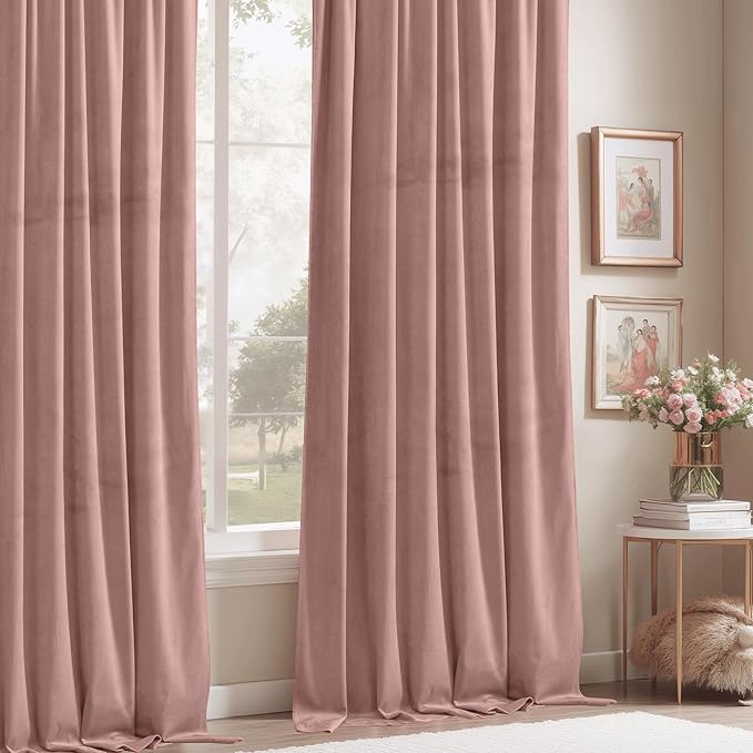 StangH Pink Curtains 96 inches Long, Super Soft Velvet Window Drapes Rod Pocket Thermal Insulated Home Decoration for Girls Room/Dressing Room/Office, W52 x L96, 2 Panels