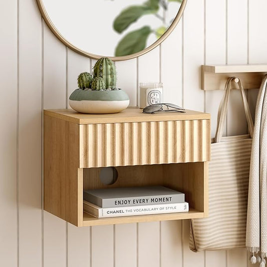 Floating Nightstand with Drawer, Modern Small Night Stand with Fluted Door and Open Storage Shelf Wall Mounted Bedside Table for Bedroom, Entryway Natural Oak