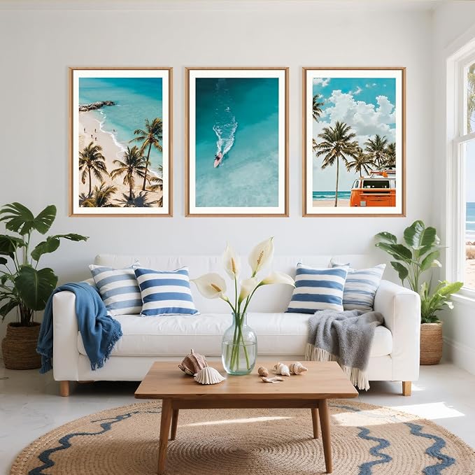 LHIUEM Large Nature Surfboard Beach Framed Canvas Wall Art,Summer Ocean Surfing Wall Decor,Palm Trees Wall Painting,Modern Picture Artwork for Living Room,Bedroom,Dining Room,Office -24"x36"x3