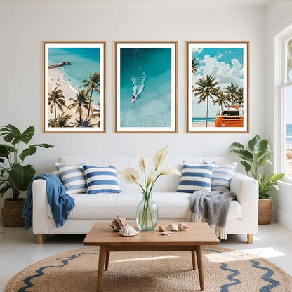 LHIUEM Large Nature Surfboard Beach Framed Canvas Wall Art,Summer Ocean Surfing Wall Decor,Palm Trees Wall Painting,Modern Picture Artwork for Living Room,Bedroom,Dining Room,Office -24"x36"x3