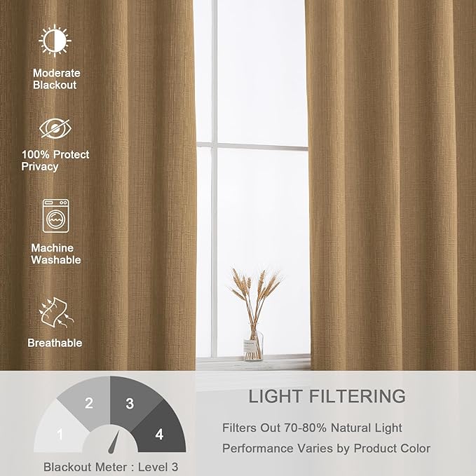 Jacquard Linen Curtains 84 inch Length 2 Panels Thick Faux Linen Blended Window Drapes Burlap Textured Curtains with Grommet for Living Room Bedroom Farmhouse (52x84 Light Coffee) Natural