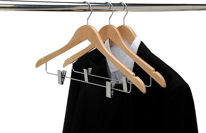 Quality Wooden Skirt Hangers with Clips, 10-Pack Smooth Solid Wood Pants Hangers with Durable Adjustable Metal Clips, Swivel Hook, Coat, Jacket, Blouse Suit Hangers (Natural, 10)