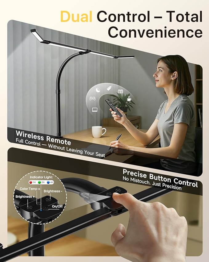 ONEMIX 42" LED Desk Lamp with Clamp, Architect Desk Light with Remote, Adjustable 4-Segment Bar, 1800LM Bright, Eye-Caring Desk Lamp for Home Office, Reading, Study, Dual Monitors, Workbench (Black)