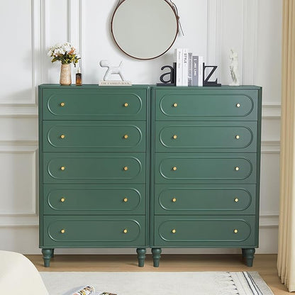 5 Drawer Fluted Dresser for Bedroom Set of 2, Mid Century Modern Chest of Drawers, Wood Storage Large Dresser Organizer for Bedroom Living Room Hallway Closet, Green