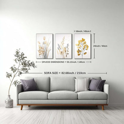 YCJKJDZ Beige Botanical Wrapped Canvas Wall Art Set of 3, Boho Watercolor Wildflower Pampas Grass Poster Neutral Leaf Art Fall Nature plant Prints for Living Room, Bedroom, Office, – 16x24 in
