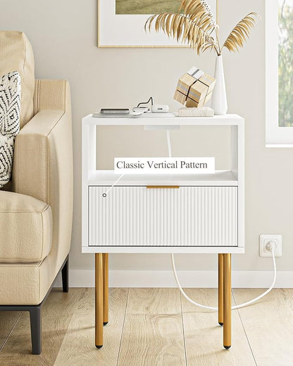 Masupu Nightstand with Charging Station,Mid-Century Modern Bedside Table with Storage Drawer and Open Wood Shelf,Small Gold Frame Side Table for Bedroom,Living Room (White)