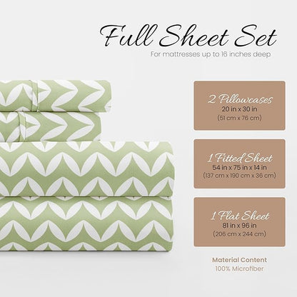 Linen Market Double-Brushed Patterned Microfiber Full Sheet Set 4 Piece – Oeko-TEX Certified Ultra Soft & Wrinkle-Free - 16" Deep Pocket Sheets - Easy Care Full Size - Puffed Chevron Sage