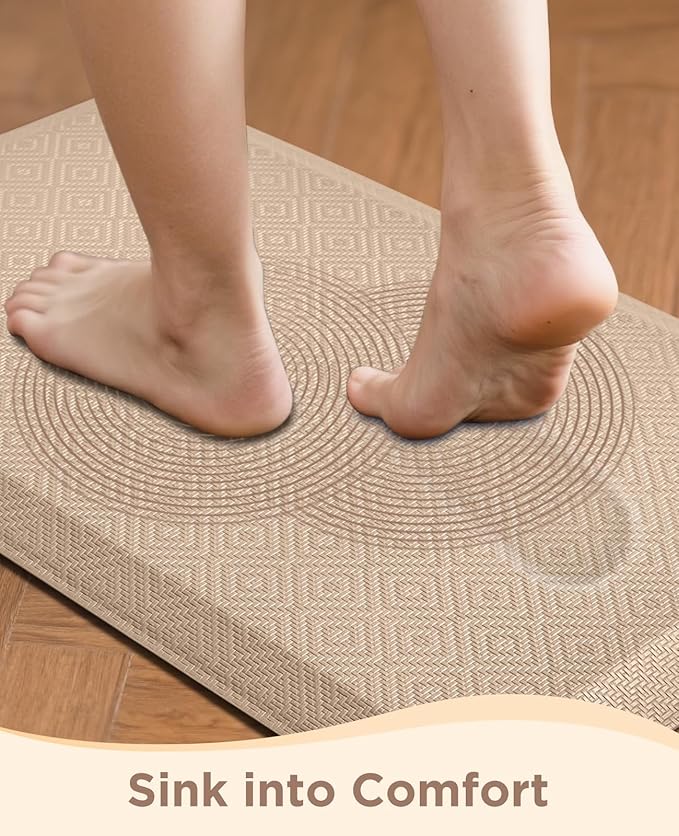 Ophanie Kitchen Mats for Floor, 3/4 inch Thick, 20x32 Anti Fatigue Christmas Cushioned Mat, Kitchen Rug, Waterproof, Comfort Ergonomic Standing Mat for Office, Home, Sink, Beige Non-Slip Ridged Bottom