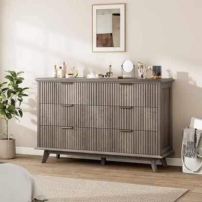 QUW Modern Fluted Dresser for Bedroom with 6 Drawers,47.2" Wood Closet Organizers and Storage,Wide 6 Drawer Dresser with Metal Handle,Hallway,Living Room(Grey)
