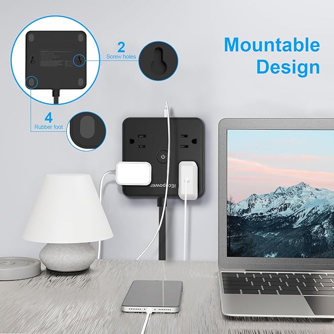 2 Pack Ultra Flat Plug Power Strip,Power Strips with Surge Protection-4 Widely Outlets,6 ft Flat Plug Extension Cord with 3 USB Ports(1 USB C Port),Slim Desk Charging Station,Black