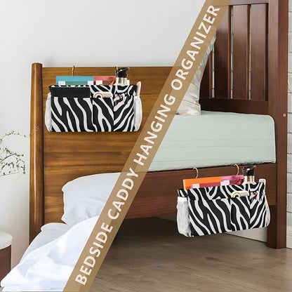 Bedside Caddy Hanging Bunk Bed Caddy Bed Organizer Hanging Pocket with 2 Hooks Bedside Storage Organizer Pocket Bag Holder White Black Zebra Print