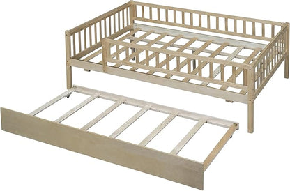 Bellemave Full Size Bed Frames with Rails for Kids, Full daybed Frame with Trundle for Boys/Girls/Adults， Natural
