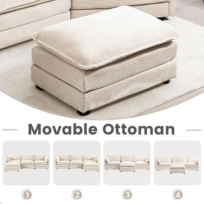 78'' Modular Sectional Cloud Couch with Movable Ottoman, 3 Seat Comfy Modern Corduroy Sofa with 2 Throw Pillows, Deep Seat L Shaped Couch for Living Room Bedroom Apartment, Beige