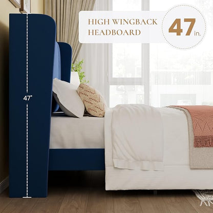 SHA CERLIN Queen Size Velvet Upholstered Platform Bed Frame with Vertical Channel Tufted Wingback Headboard, Wooden Slats Support, Easy Assembly, Under Bed Storage, No Box Spring Required, Blue