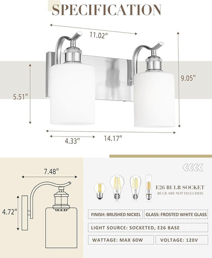 Milk Glass Bathroom Light, 2-Light Vanity Light Fixture, Brushed Nickel Wall Sconce, VL01BNW-2
