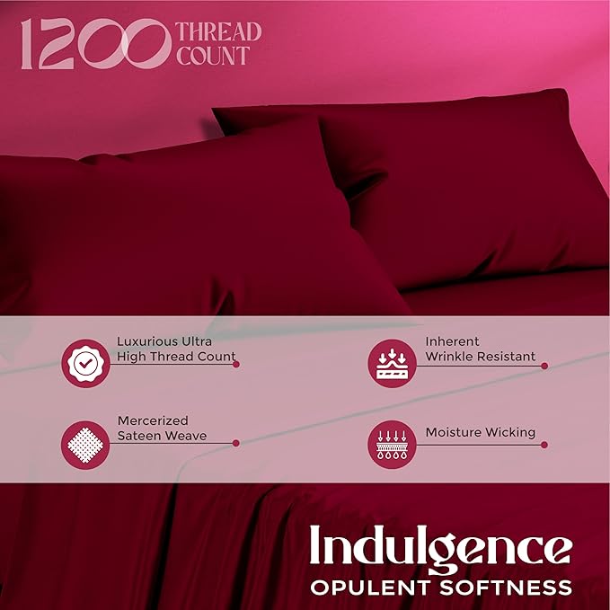 Mayfair Linen 100% Egyptian Cotton Sheets California King Size - 1200 Thread Count 4 PC Cal King Sheets Egyptian Cotton, Cooling Sateen Sheet, High Thread Count Sheet California King - Burgundy