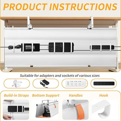 No Drill Under Desk Cable Management Tray, 48" Cord Organizer with Clamp, Fabric Cable Management for Standing Desks, Ideal for Home & Office - White