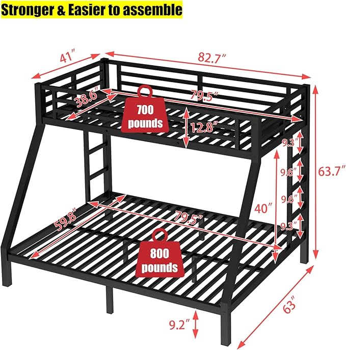 SIGONE Stronger & Safer Heavy Duty Twin XL Over Queen Size Bunk Bed for Adults Teens, Thickened More Stable Metal Bunkbed Frame (Greater Weight Capacity) (Twin XL Over Queen)