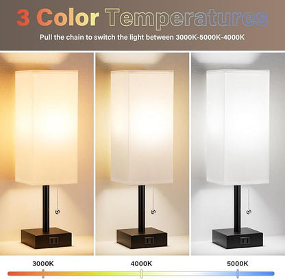 White Bedside Lamps for Bedroom Set of 2 - Small Rectangular Nightstand Lamp with AC Outlet Charging Port, 3 Color Temperatures Desk Light with Bulb, Tabletop Reading Lamp for Living Room/Dorm/Office
