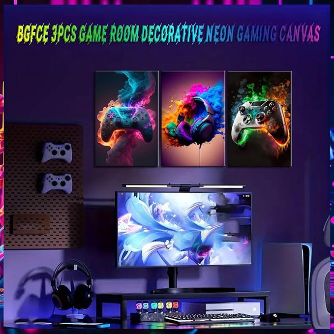 Gaming Room Decor Canvas Wall Art Set of 3 - Cool Video Gaming Theme Wall Decor, Gamer Paintings Picture Print for Teen Boys Room 12x16 inch Framed