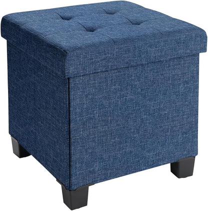 Ornavo Home 15 Inch Folding Storage Ottoman with Storage, Square Cube Linen Small Storage Ottoman Foot Rest Stool with Legs - Navy Blue