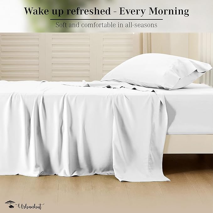 URBANHUT 800 Thread Count 100% Cotton Damask Twin Size Sheets, 4 Piece Striped Twin Size Bedsheets, Luxury Hotel Sheets Sateen Weave - Better Than Egyptian, 14" Elasticized Deep Pocket- White