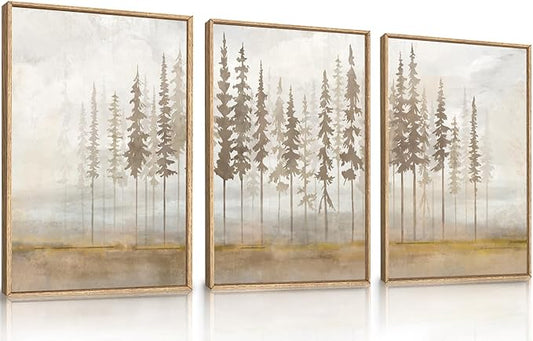 LHIUEM Large Pine Tree Framed Canvas Wall Art Set,Forest Trees Nature Wall Decor,Modern Landscape Artwork, Foggy Forest Painting For Living Room, Bedroom,Office-16 x24 x3