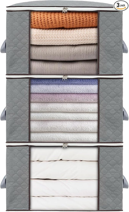 combocube 3 Pack Closet Organizers and Storage Containers, Clothes Storage Bins, Storage Bags with Large Clear Window & Handles for King Comforter, Pillow, Quilt, Bedding, Clothes