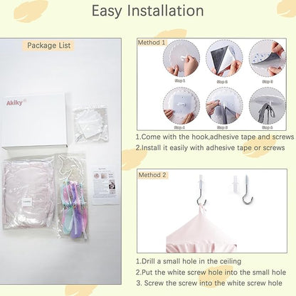 Akiky Kids Bed Canopy for Crib & Twin Size with Ruffles Dreamcatcher, Princess Girls Nursery Room Decor Toddler Baby Dome Round Hanging Tent Curtains Skirt Over Bed Reading Nook Play Tents Pink
