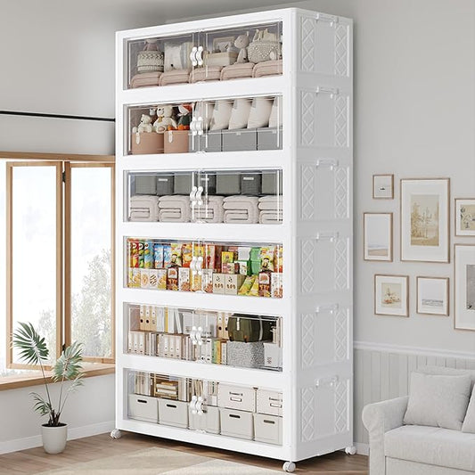 180Gal Stackable Storage Bins with Lid, 720Qt Extra Large Collapsible Storage Box with Doors and Wheels, Plastic Closet Organizer and Storage Cabinet Drawer for Home Kitchen, 6Pack White