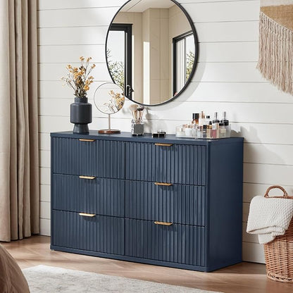 LEYAOYAO Fluted 6 Drawers Dresser for Bedroom, 48" Wide Modern Chest of Drawers with Metal Handle, Navy Blue Curved Profile Farmhouse Closet Organizer Wood Dressers TV Stand for Living Room, Hallway