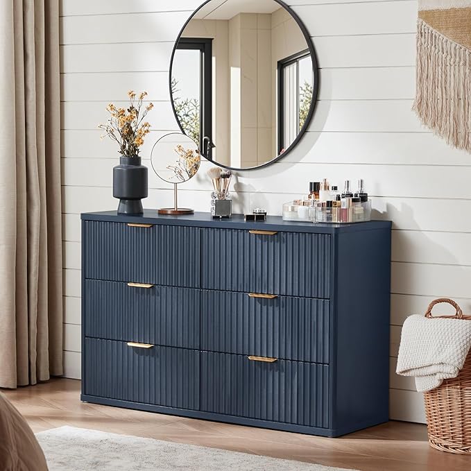 LEYAOYAO Fluted Dressers & Nightstand Set of 4, Wood 48" Wide Dresser & 42" Tall Chest of Drawers,Modern Bedroom Furniture Sets,Navy Blue Wooden Nightstand Set of 2 with 3 Drawers & Charging Station
