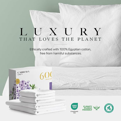Carressa Linen California King Egyptian Cotton Sheet Sets - 600 Thread Count Cal King Cotton Sheet Set (4 PC, Crisp White) Extra Soft, Cooling, 16" Deep Pocket Sateen Weave Luxury Hotel Bed Sheets